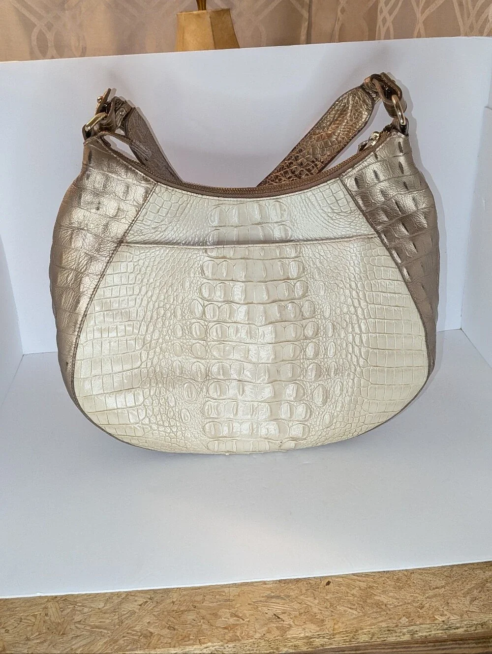 Brahmin Amira Hobo Shoulder Bag Leather Croc Embossed Champagne Koubba